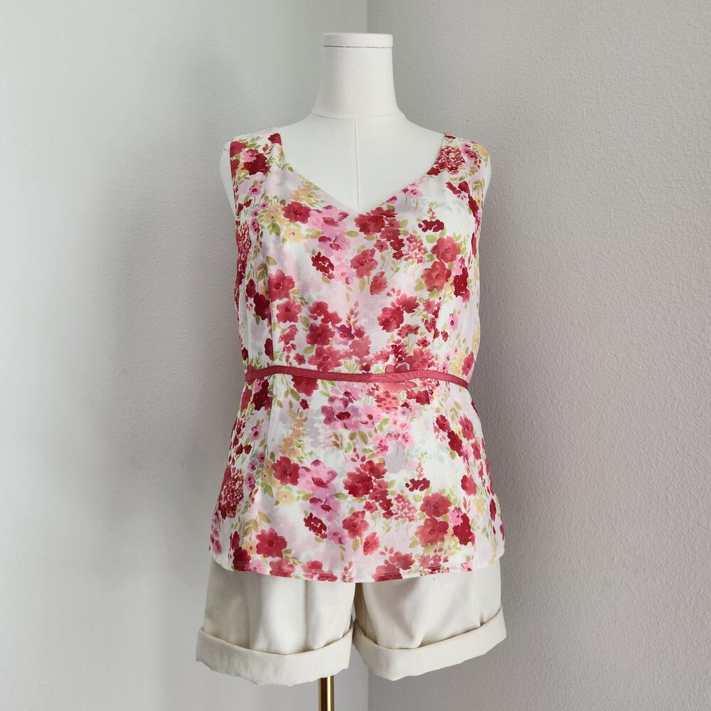 Vintage Y2K White Pink Floral Empire Waist Babydoll Blouse Emma James L